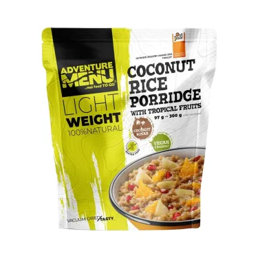 Riisipuuro kookoksella ja trooppisilla hedelmillä